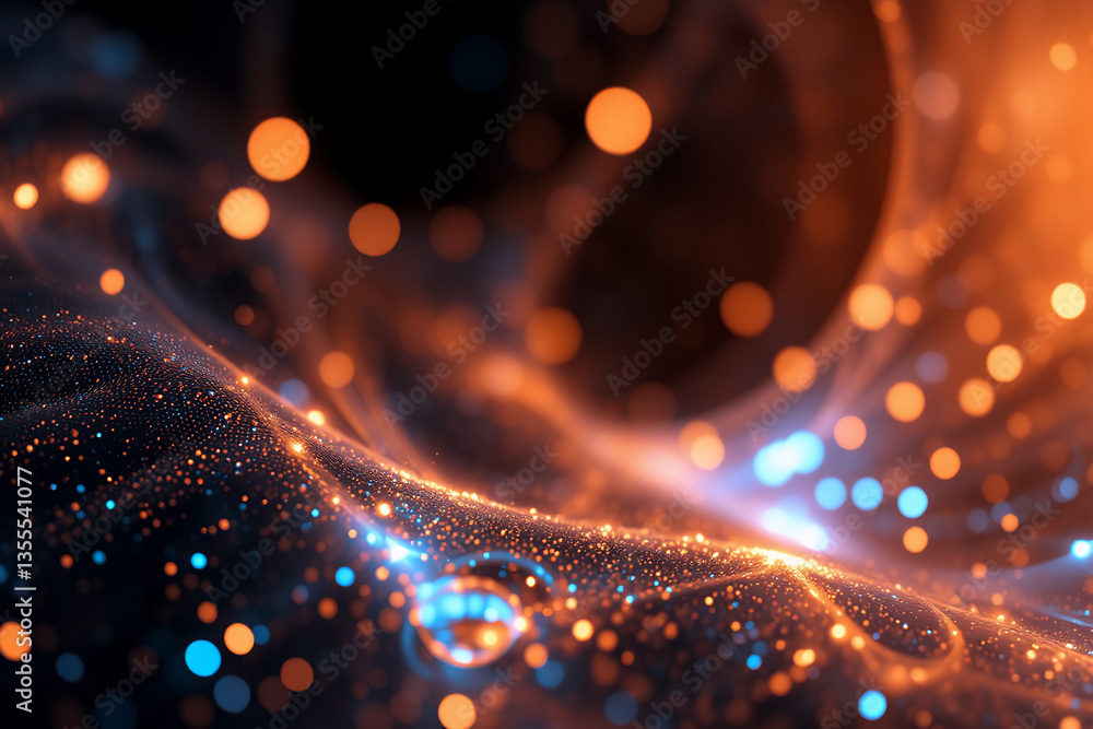 Poster abstract view with blurred glowing lights swirling with orange and blue hues against a dark space ba