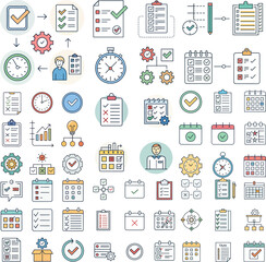 Workflow Process Icons Set - Editable Stroke Vector Line Art Illustration