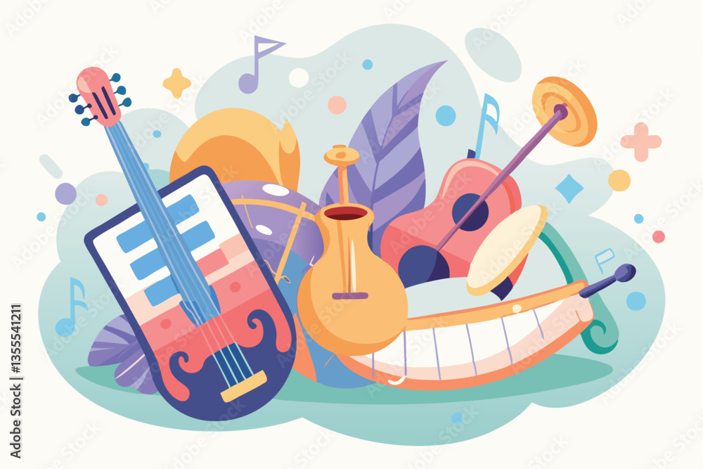 Poster musical instruments surrounded by colorful leaves and abstract shapes in a minimal vector illustrati