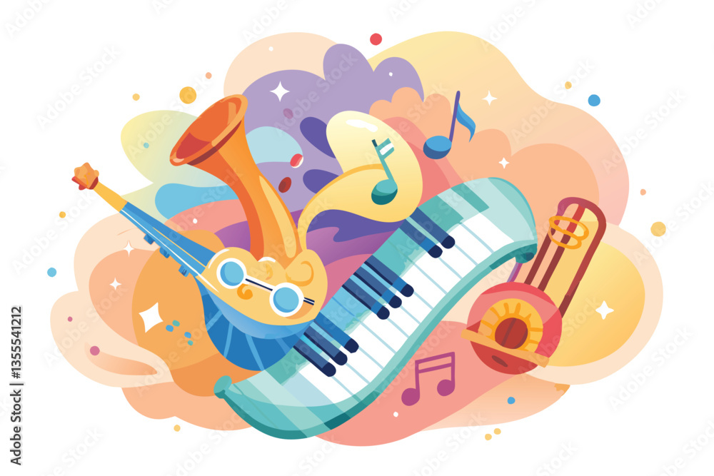Poster musical instruments surrounded by colorful leaves and abstract shapes in a minimal vector illustrati
