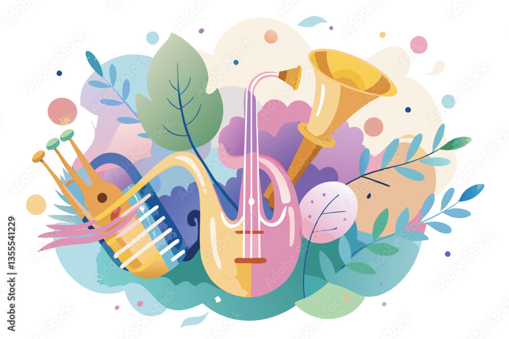 Poster Musical instruments surrounded by colorful leaves and abstract shapes in a minimal vector illustration