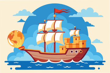 Colorful vector illustration of a sailing ship navigating through calm waters with mountains and clouds in the background during a sunny day