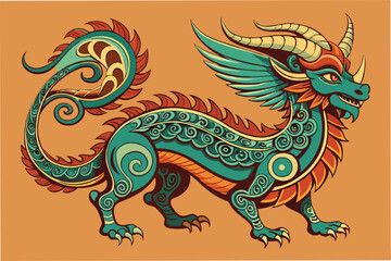 Illustration of a colorful dragon with intricate patterns in a minimal style, showcasing mythical elements in an artistic design