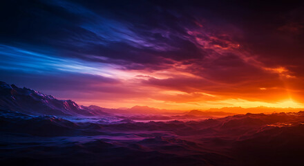 Landscape with mountains and dramatic colorful sunset sky