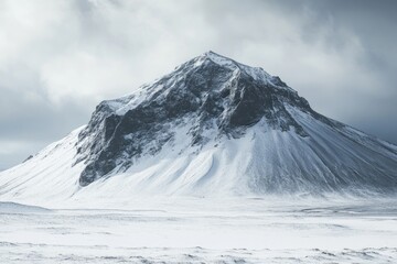 A gray, snow-covered mountain rises majestically in the stunning landscape of Iceland.