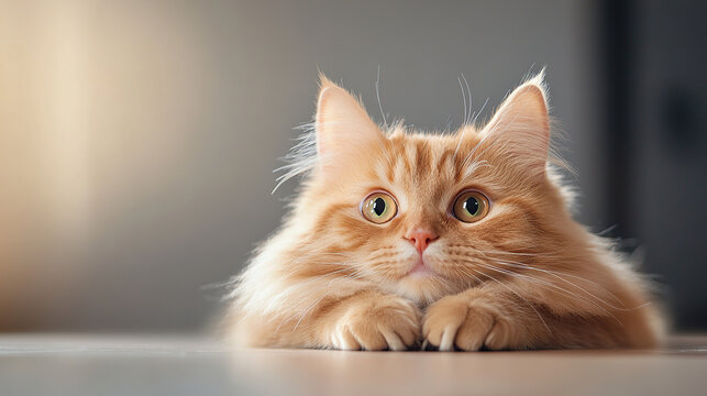 Ginger feline portrait, peering over edge. Intense gaze, fluffy fur, charming whiskers. Indoor setting, bright lighting.