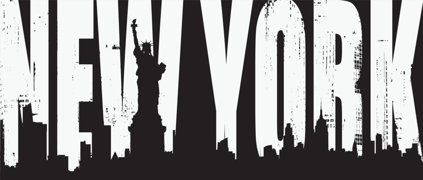 Vector monochrome banner or poster with American Statue of Liberty against the background of New York skyscrapers silhouettes. Landmark inscription. T-shirt design, leaflet, tourist booklet, postcard