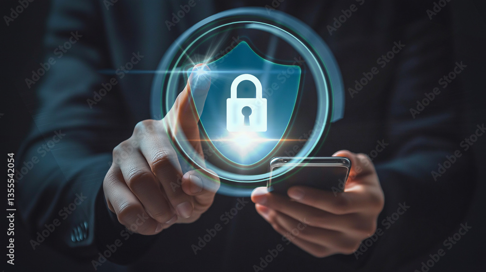 Poster a person interacts with a digital holographic security interface on a smartphone, emphasizing cuttin