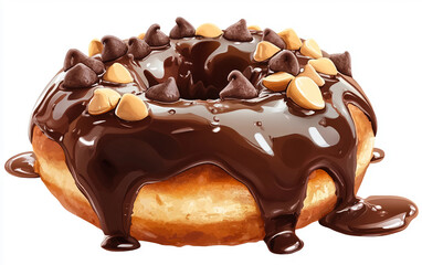Rich Chocolate Peanut Butter Cup Donut Delight Isolated On White Background.