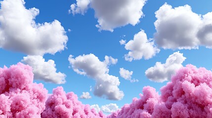 Fototapeta premium Pink Cherry Blossoms and Fluffy White Clouds in a Blue Sky Nature Scene