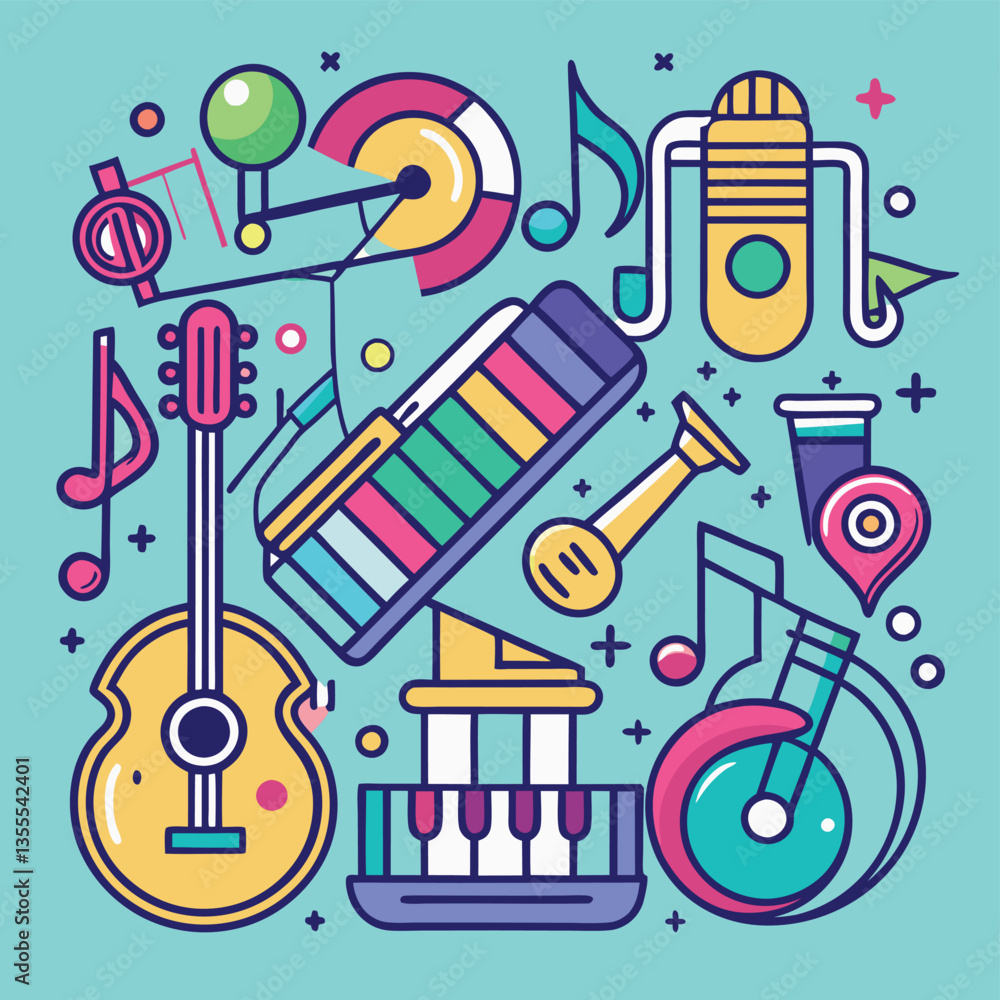 Poster colorful minimal vector illustration of various musical instruments and elements showcasing rhythm a
