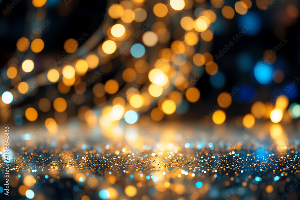Poster abstract image featuring blurred golden and blue bokeh lights. sparkling particles are scattered in 