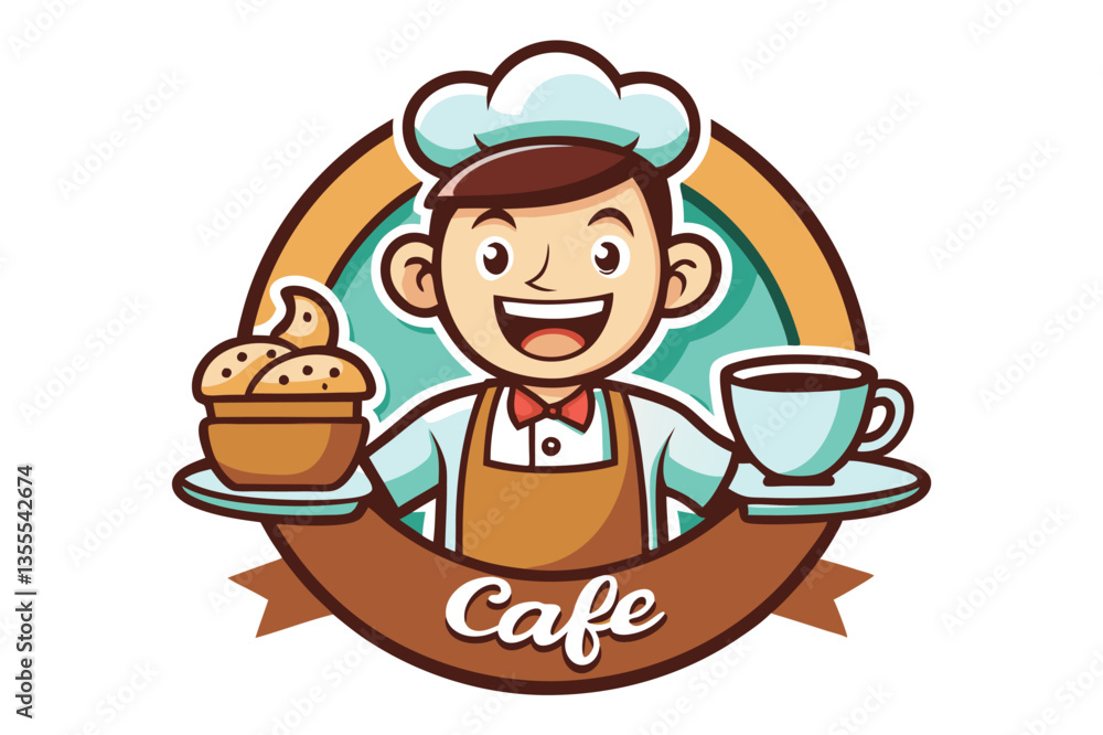 Poster friendly barista serving coffee in a minimal vector illustration showcasing a cozy cafe atmosphere w