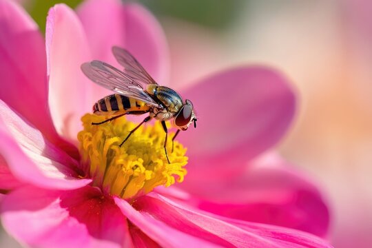 A hoverfly rests delicately on a vibrant pink flower, enjoying the warm sun.