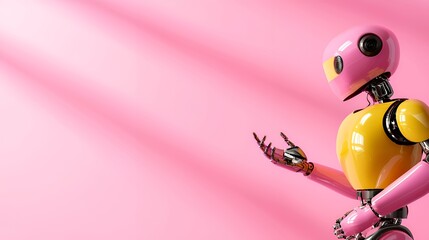 Obraz premium Pink and Yellow Robot Figure Against Soft Pink Background Reaching Out