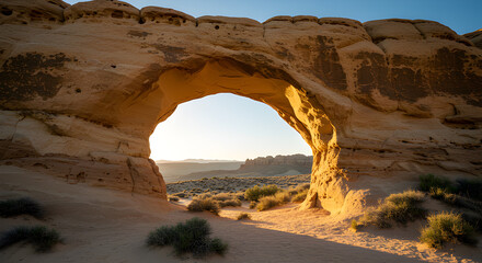Rock Arch Formation Framing Desert Landscape at Sunrise, Peaceful Morning