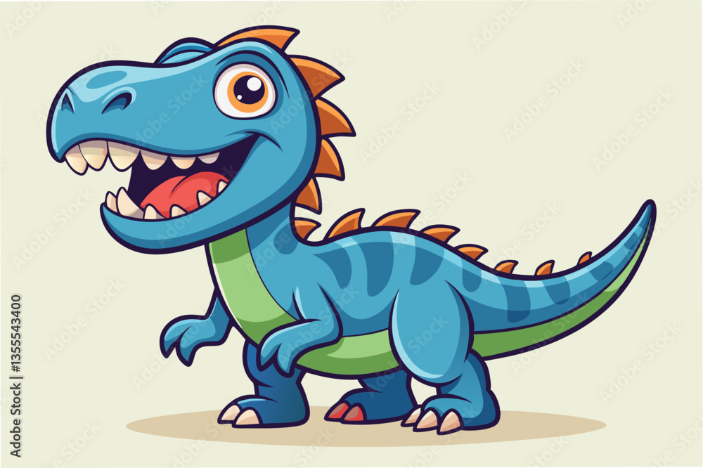 Poster colorful minimal vector illustration of a cheerful dinosaur standing on a plain background and showc