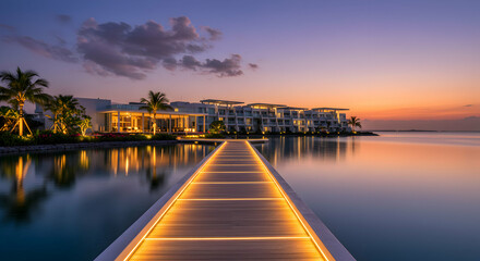 Walking on Dock at Dusk Towards Modern Building Reflecting in Water