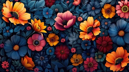 Fototapeta premium Abstract floral pattern with vibrant flowers on a dark background 