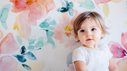 Fototapeta premium A charming child poses against floral watercolor backdrop, showcasing soft brush strokes and gentle pastels that create serene atmosphere