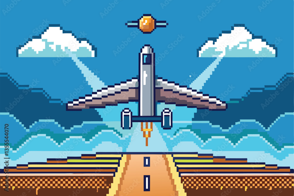 Poster vector illustration depicting a minimal airplane taking off from a runway against a vibrant landscap