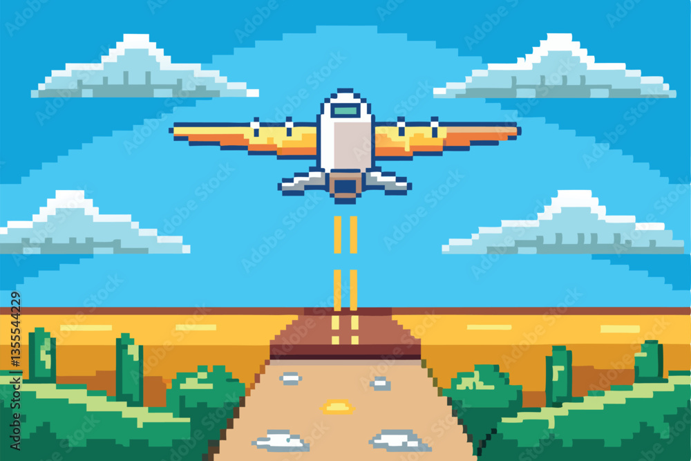 Poster vector illustration depicting a minimal airplane taking off from a runway against a vibrant landscap