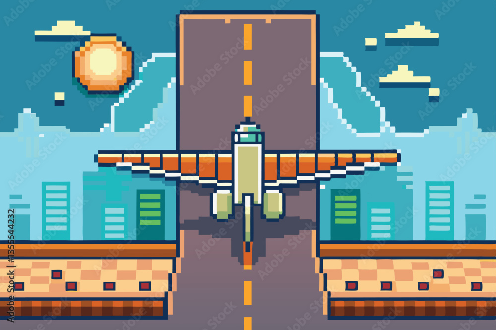 Poster vector illustration depicting a minimal airplane taking off from a runway against a vibrant landscap