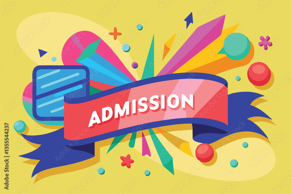 Poster bright and colorful vector illustration of an admission badge featuring geometric shapes and playful