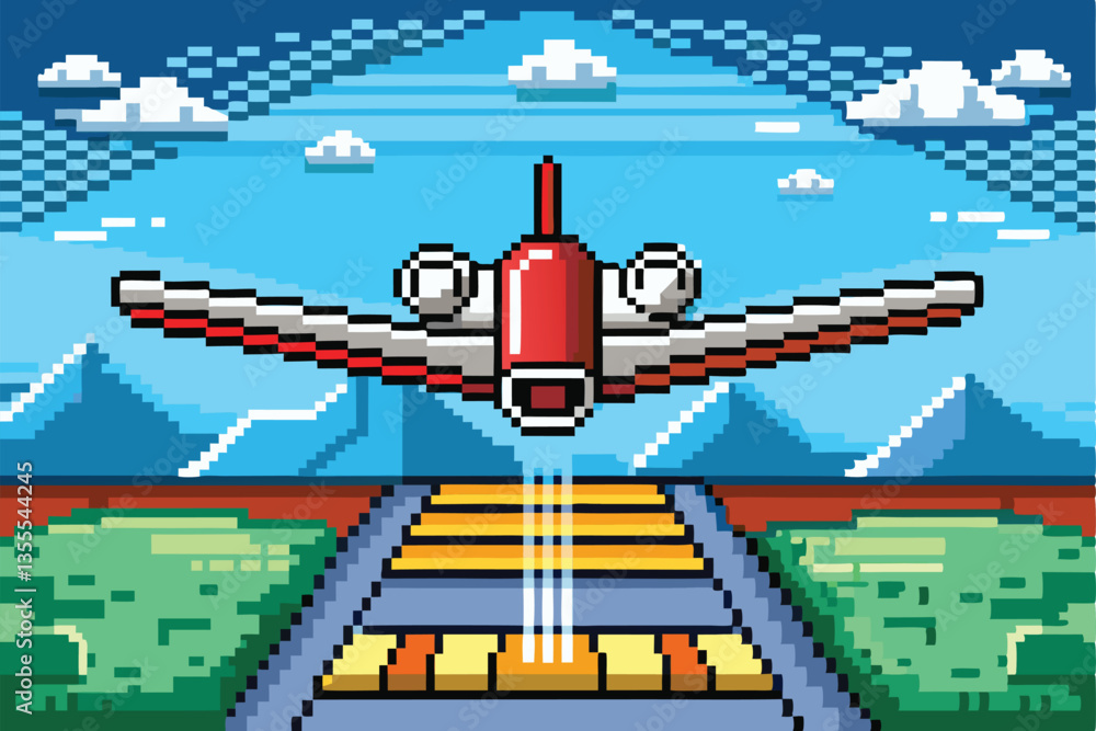 Poster vector illustration depicting a minimal airplane taking off from a runway against a vibrant landscap