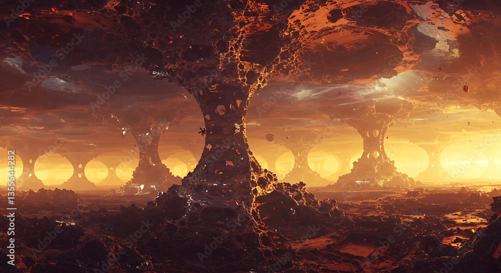Poster abstract landscape with towering structures and warm light
