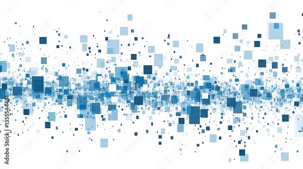 Poster blue pixelated data stream digital flow on white.