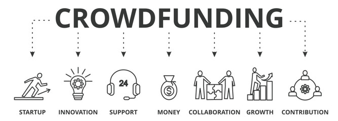 Crowdfunding web vector illustration concept with icons of startup, innovation, support, money, collaborative, growth, contribution