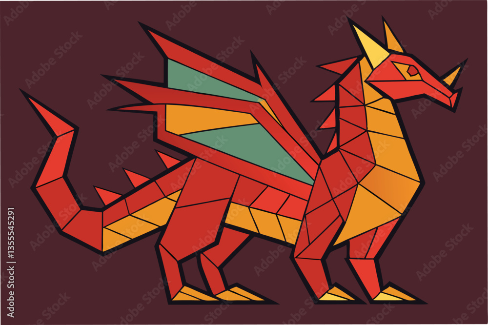 Poster colorful minimal vector illustration of a dragon with geometric shapes and vibrant hues in a creativ