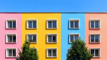 Fototapeta premium Colorful Apartment Building Facade with Windows and Trees Against a Bright Blue Sky