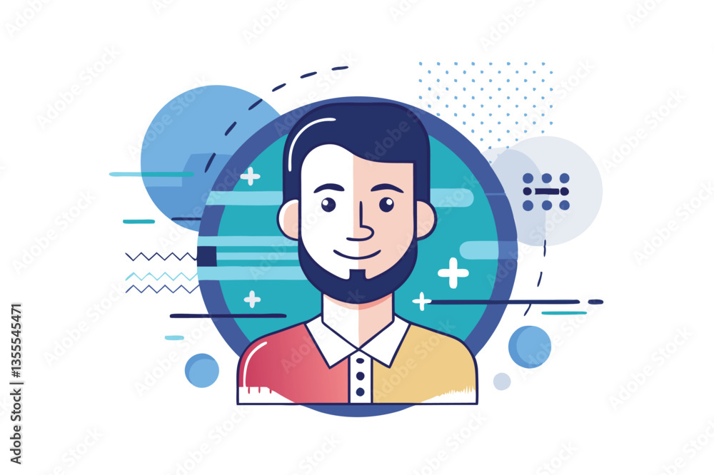 Poster Vector illustration of a smiling man in a minimal style with geometric design elements and soft colors
