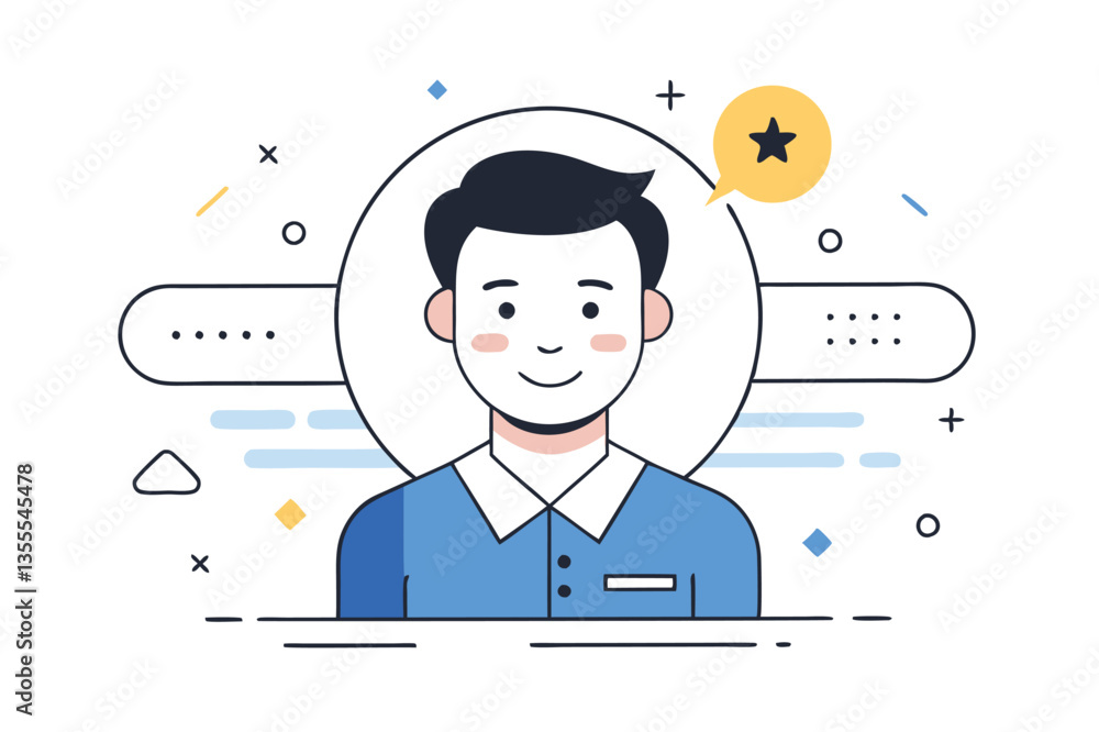 Fototapete Vector illustration of a smiling man in a minimal style with geometric design elements and soft colors