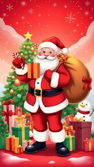 Merry Christmas Scene with Santa, Gifts, and Holiday Lights - Digital Artwork, Santa Claus Christmas Illustration, Festive Holiday Vector, Christmas Tree and Santa, Santa Claus Holding Gifts in Front 