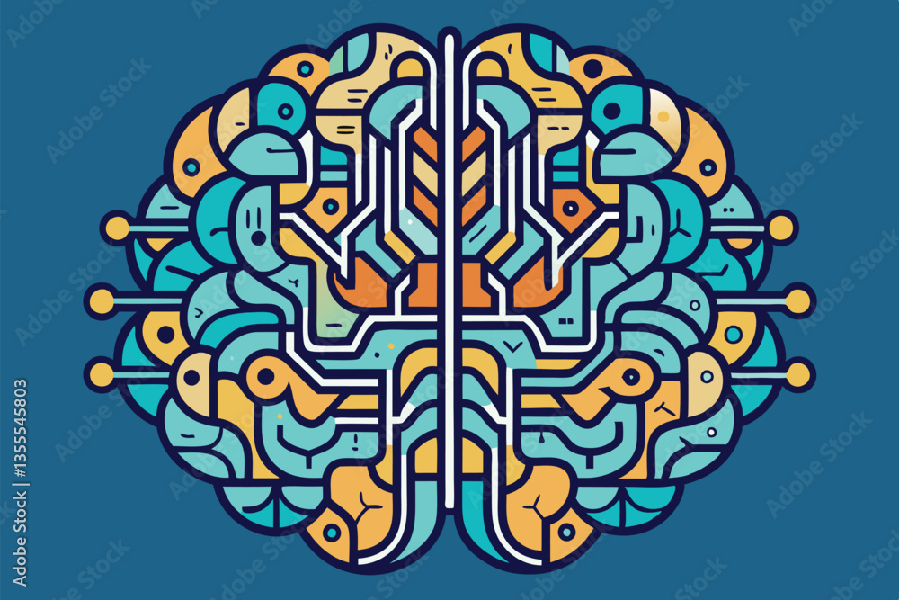 Poster colorful minimal vector illustration of a brain with circuit patterns, representing the connection b