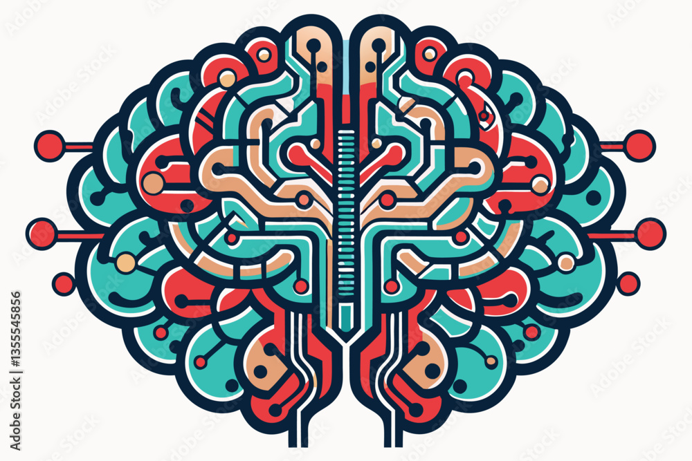 Poster colorful minimal vector illustration of a brain with circuit patterns, representing the connection b