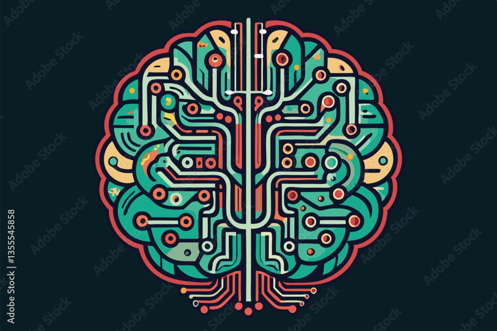 Poster colorful minimal vector illustration of a brain with circuit patterns, representing the connection b