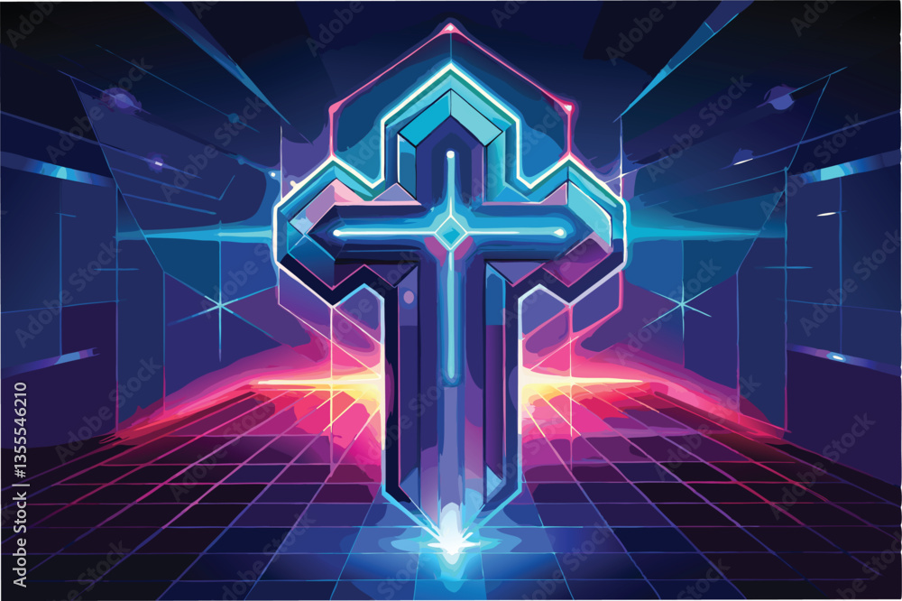 Poster Cross illustration in minimal vector art style featuring neon colors and geometric patterns against a dark background
