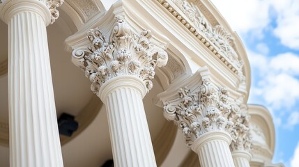 Naklejka premium Pillars, architectural detail, facade, white, marble, sunny sky, exterior