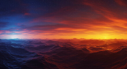 Ocean waves under colorful sky at sunset or sunrise time