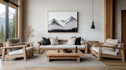 Modern living room with minimalist decor and mountain art  