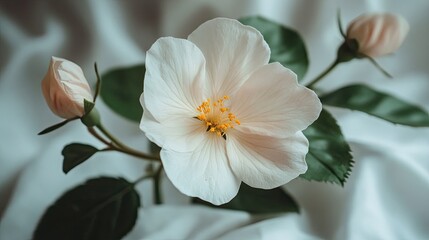 Obraz premium White Flower in Focus on White Backdrop for Floral, Nature, and Minimalist Photography.