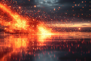 Fototapeta premium Fiery explosion over water creates a dramatic scene. A visual metaphor for power energy or destruction. Excellent for fantasy art or dramatic illustrations.