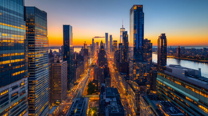 A Vibrant Metropolis at Dusk: A Harmonious Blend of Light, Architecture, and Nature in an Urban Tapestry