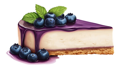 Cheesecake slice topped with blueberries and mint isolated on PNG
