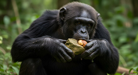 Obraz premium Chimpanzee Eating Nut Using Stone Tool in Lush Green Forest