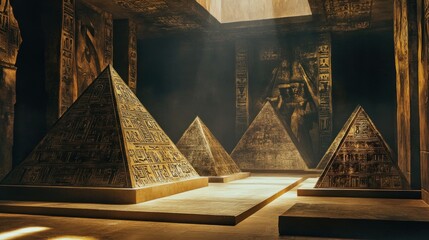 An ancient Egyptian stage with pyramids and hieroglyphics